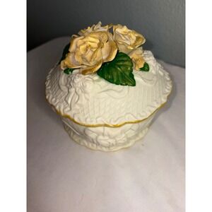 Hermitage Pottery Porcelain Vintage Floral Trinket Box Yellow Roses Gold Trim